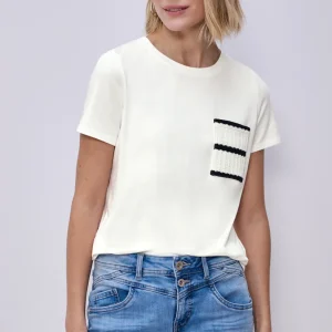 Street One - Kurzarm Shirt mit Streifen-Tasche - Farbe: off white